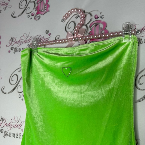 Dress heart bling rhinestone lime πβπ©green velvet velour soft leg slit strapless - Picture 9 of 12